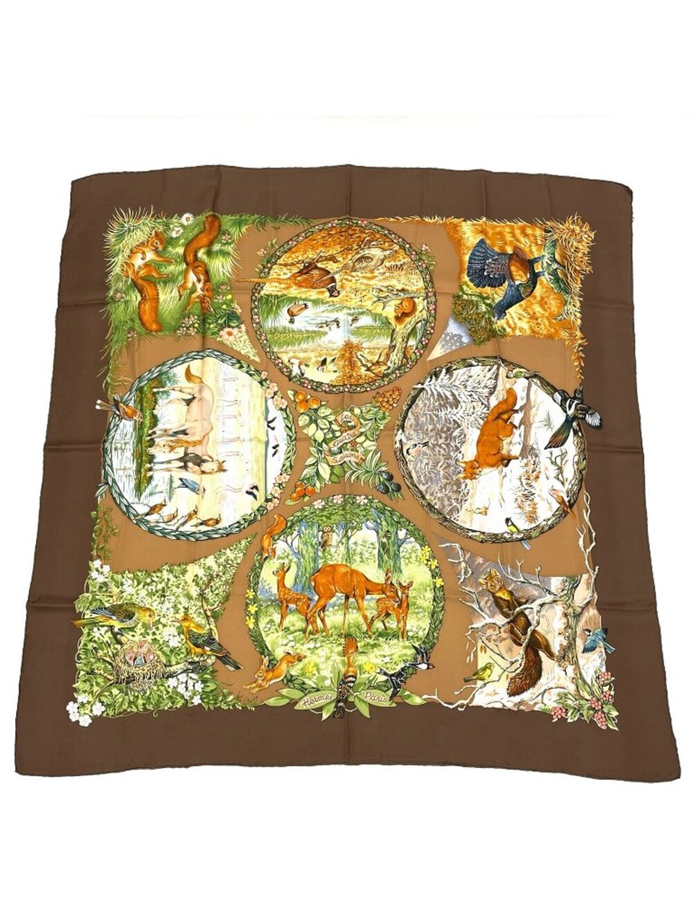 Hermes Carre 90 les Quatre Saisons Four Seasons Brown Animal Flower Scarf Silk